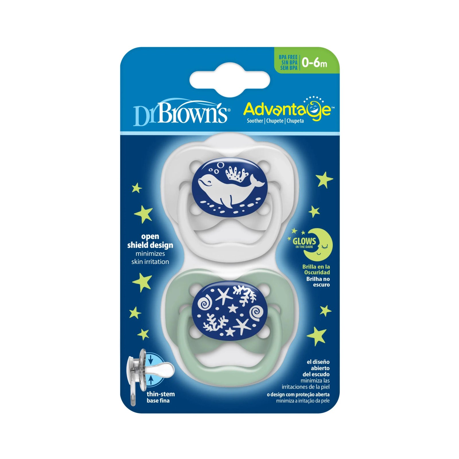 Dr.Brown’s Lot de 2 sucettes Symétriques Advantage Glow Gris/Vert 0-6mois
