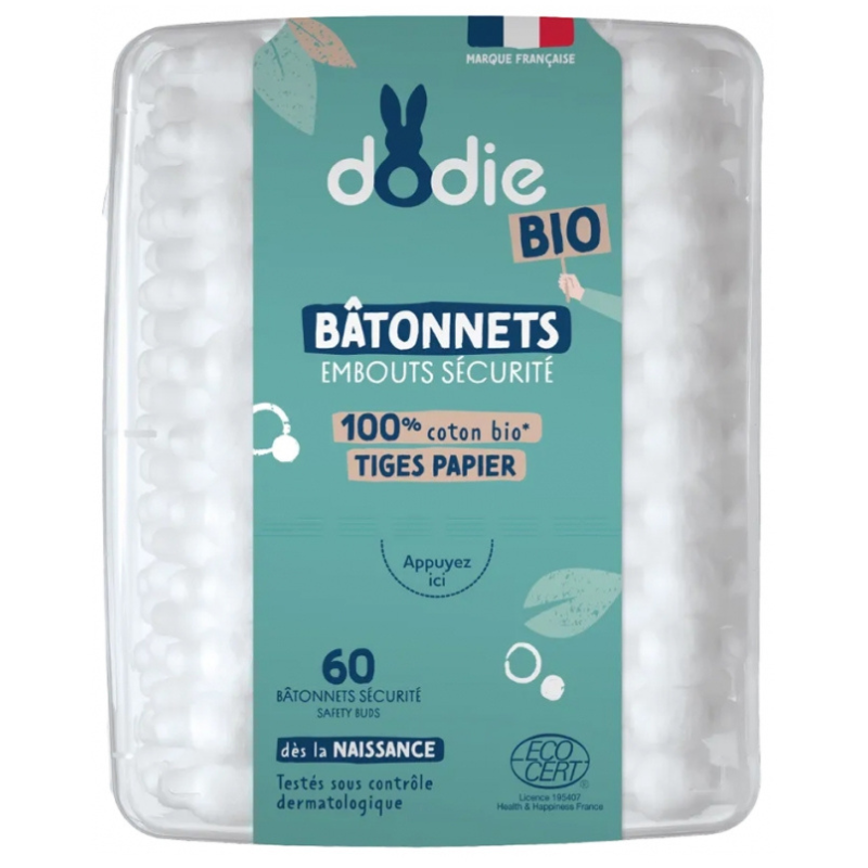 Bâtonnets Embouts Sécurité 100% Coton Bio 60 Bâtonnets