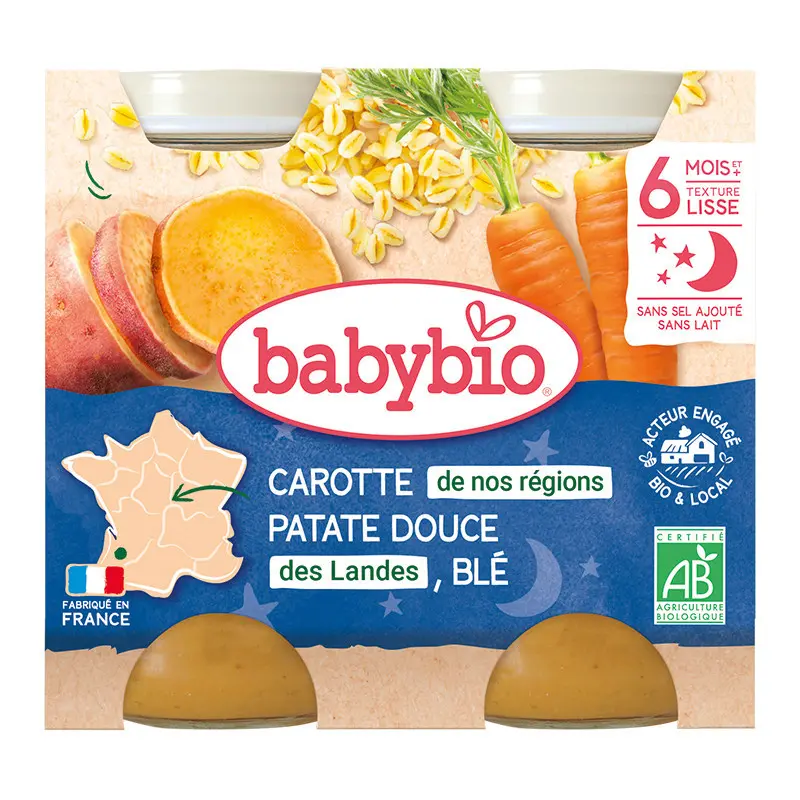xx Babybio Carotte de nos régions Patate douce des Landes Blé Petits pots 2x200g