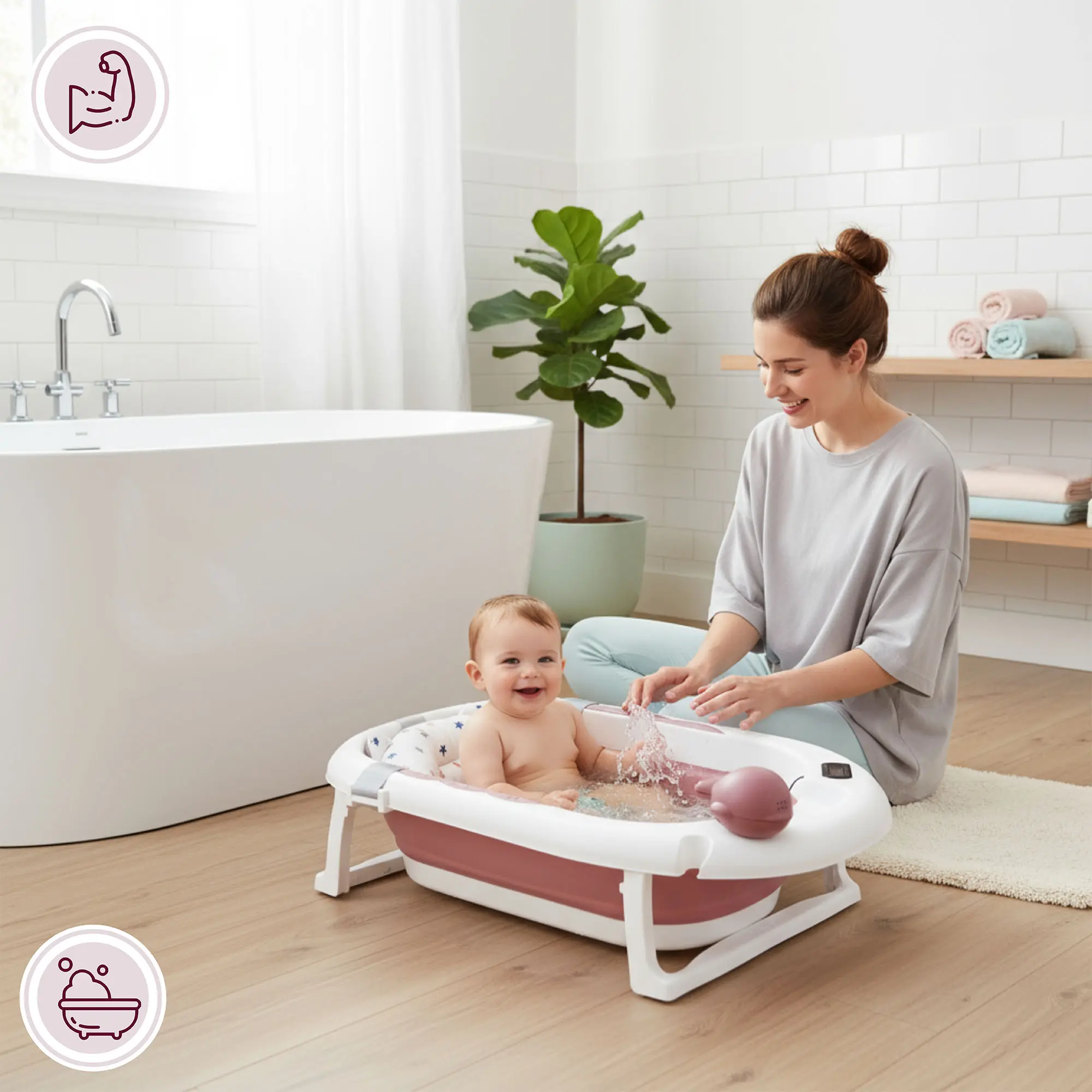 Baignoire Bébé Pliable avec Coussin Ergonomique Antidérapant -Rose