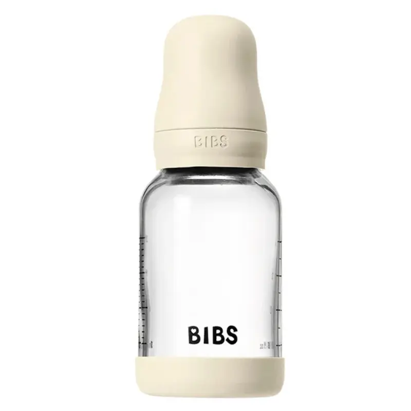 Biberon en verre rond 120 ml + tétine en silicone à débit lent - Ivoire