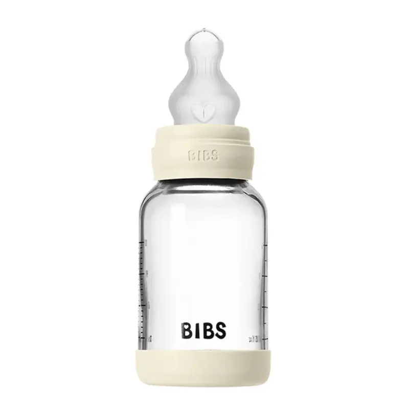 Biberon en verre rond 120 ml + tétine en silicone à débit lent - Ivoire