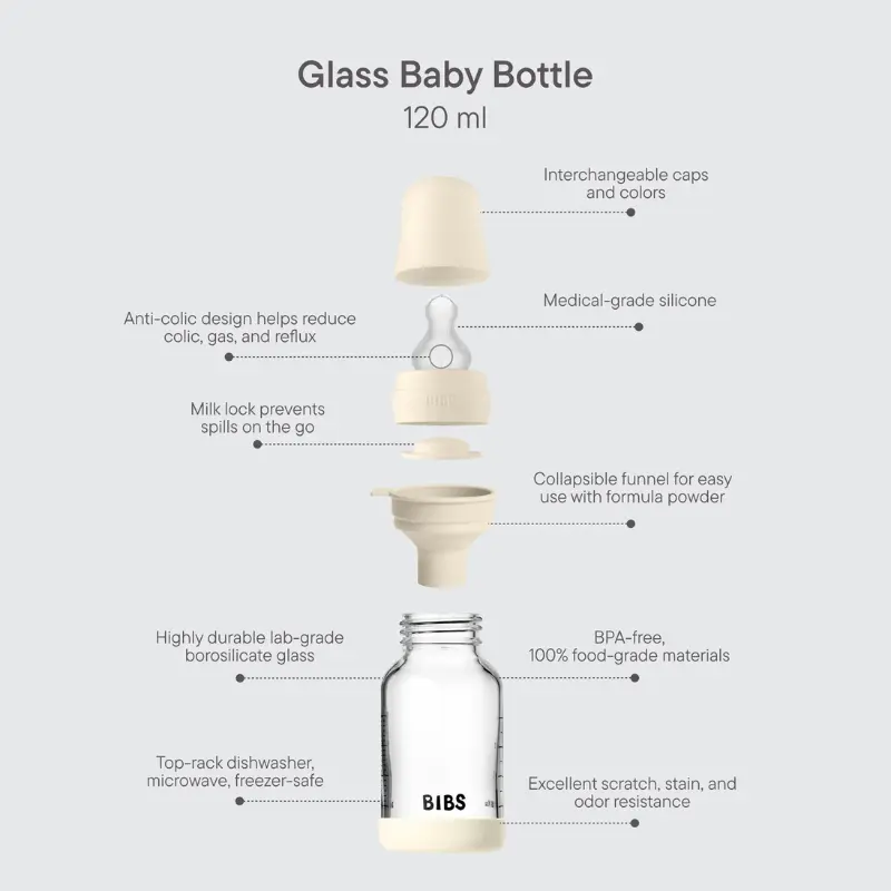 Biberon en verre rond 120 ml + tétine en silicone à débit lent - Ivoire