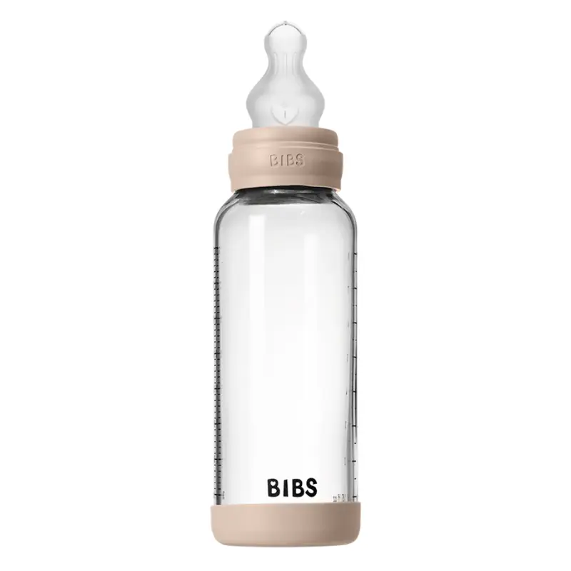 Biberon en verre rond 240 ml + tétine en silicone débit moyen - Rose poudré