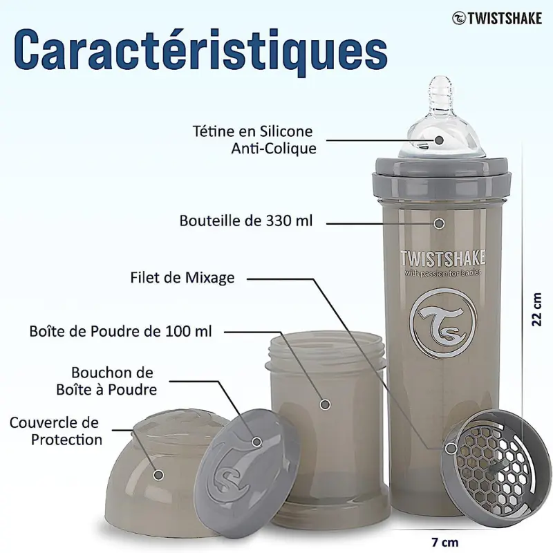 Biberon Twistshake anti-coliques 330ml 4m+ Gris