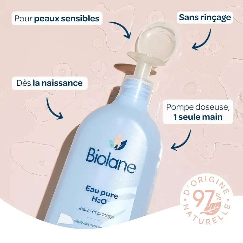 BIOLANE Eau Pure H2O 350ml Nettoyant Doux pour Visage, Corps et Siège Bébé Sans Rinçage