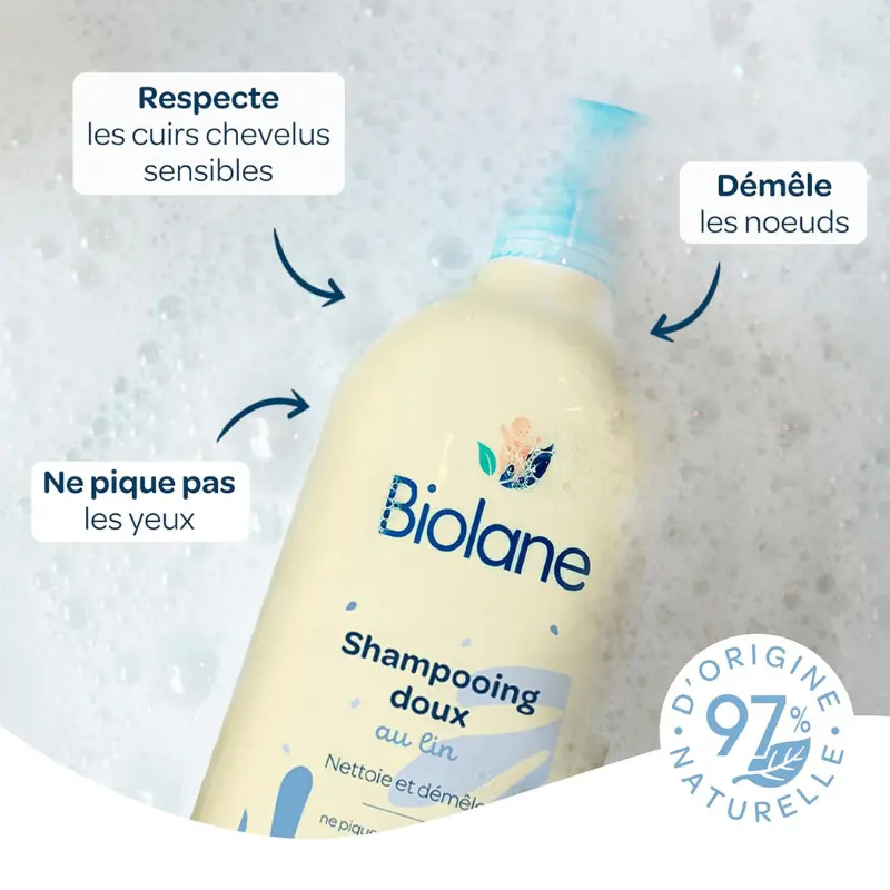 BIOLANE Shampoing Doux Bébé 350ml Nettoie et Démêle les Cheveux – 97% d’Origine Naturelle