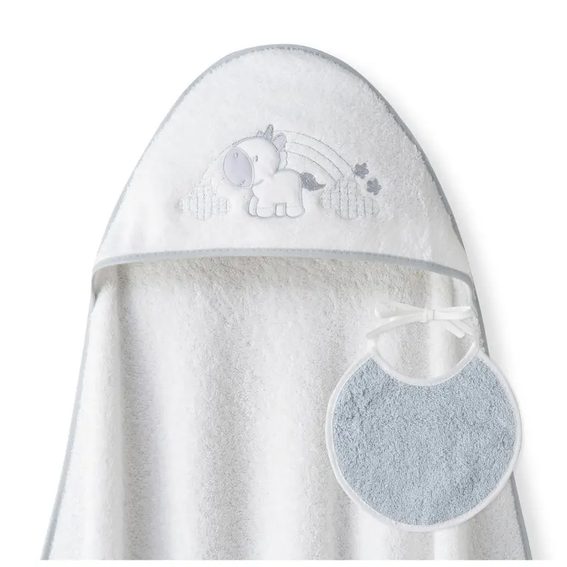 Cape de bain 1x1  motif licorne et nuages ​​+ bavoir blanc gris
