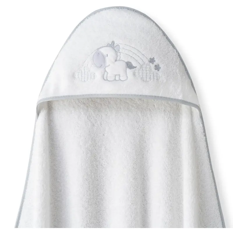 Cape de bain 1x1  motif licorne et nuages ​​+ bavoir blanc gris