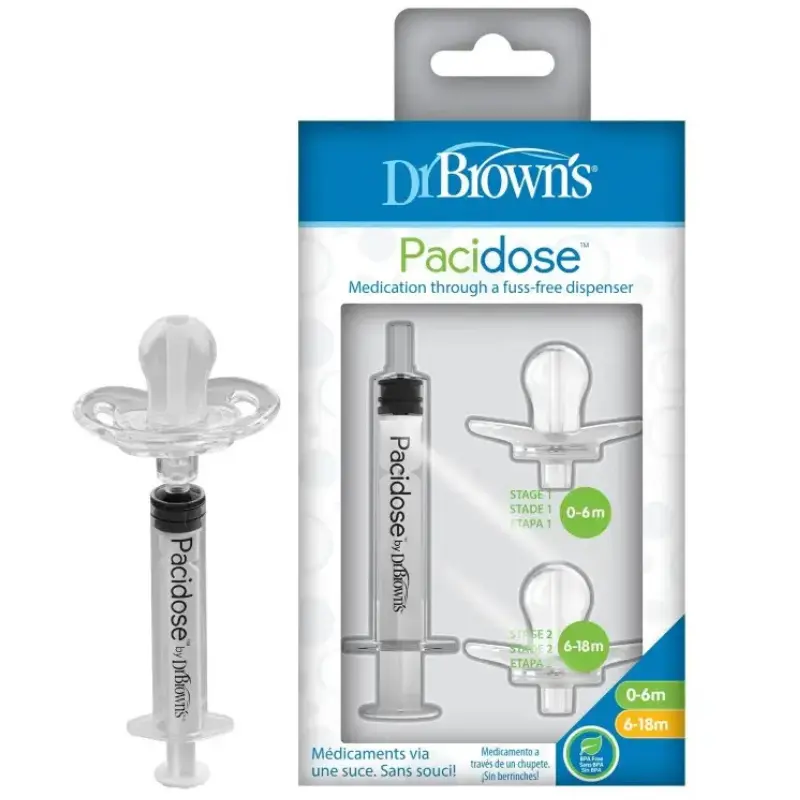 xx Dr. Brown’s Pacidose – Pack de 2 Sucettes Distributeur de Médicaments (0-6M / 6-18M)