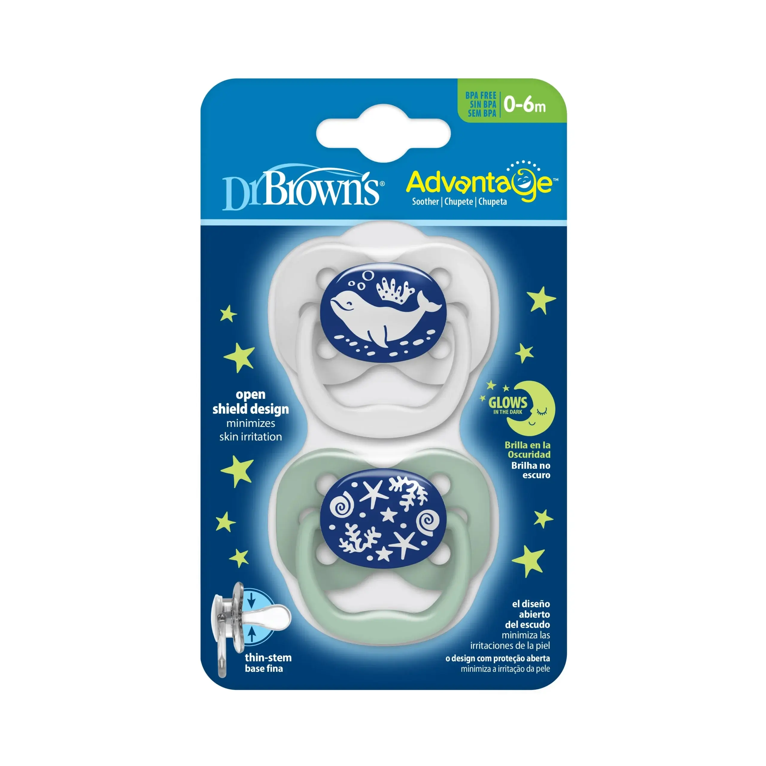 xx Dr.Brown’s Lot de 2 sucettes Symétriques Advantage Glow Gris/Vert 0-6mois