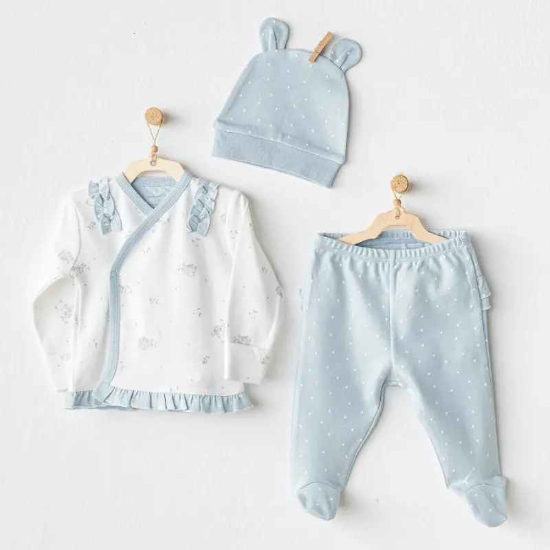 xx Ensemble Bébé 3 Pièces – Haut Croisé, Pantalon à Pieds et Bonnet à Oreilles – Andywawa - Bleu et Blanc