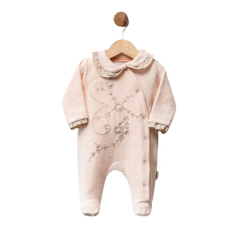 Grenouillère bébé en velours  avec broderie florale et finitions contrastées