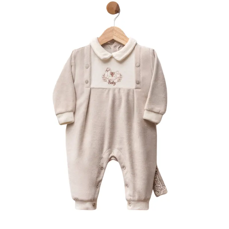 xx Grenouillère bébé en velours avec col blanc et broderie cheval à bascule