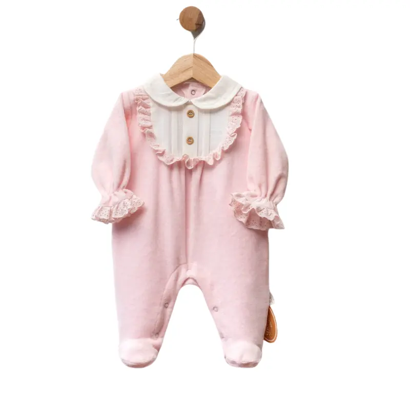 xx Grenouillère bébé en velours avec col blanc et dentelle
