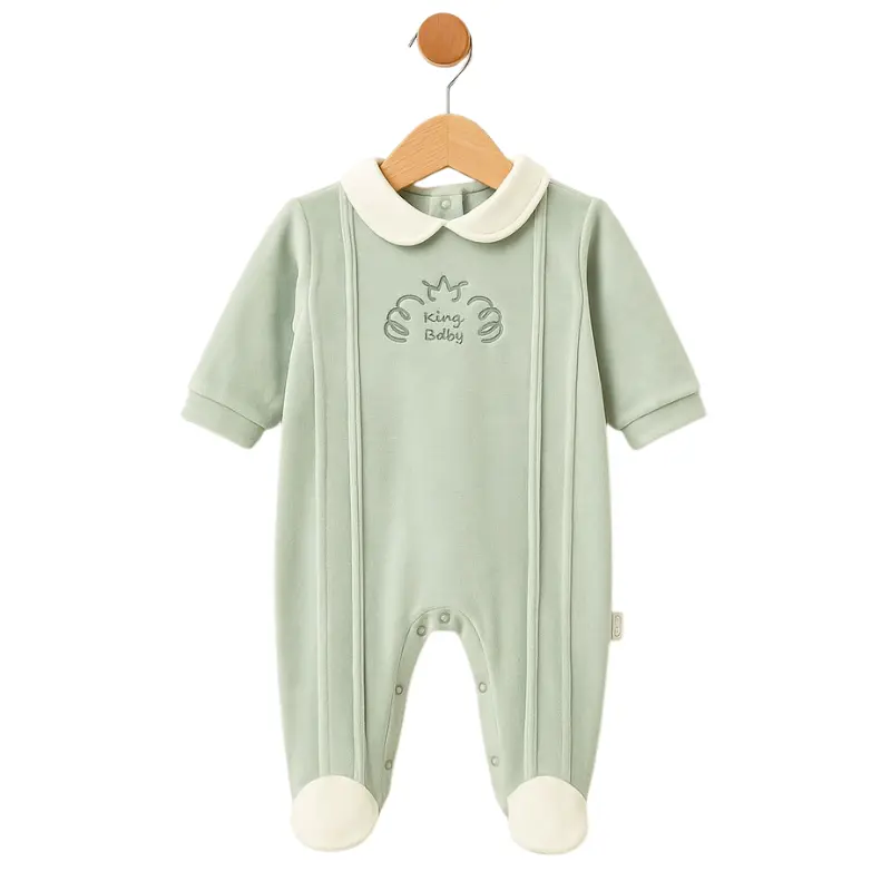Grenouillère bébé en velours avec col et broderie King Baby