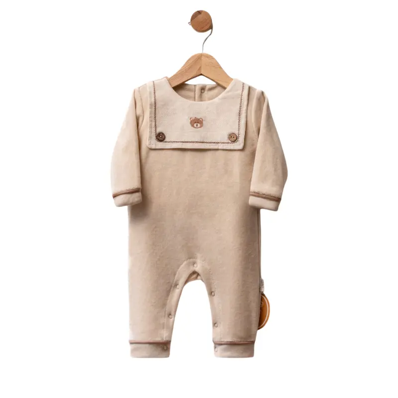 Grenouillère bébé en velours avec col marin et ourson brodé