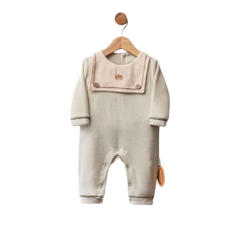 Grenouillère bébé en velours avec col marin et ourson brodé