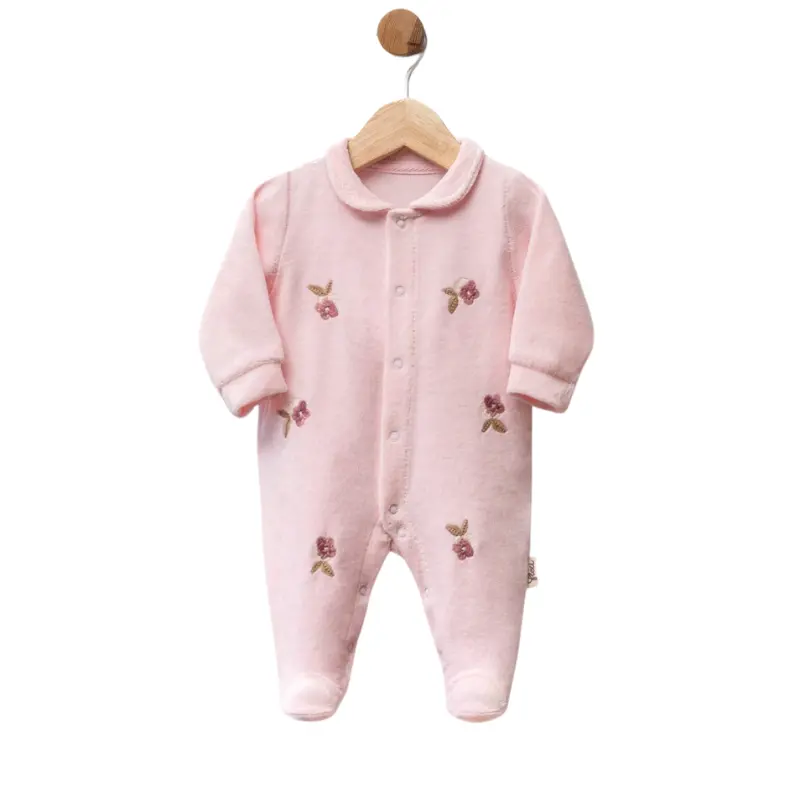 xx Grenouillère bébé en velours avec fleurs brodées