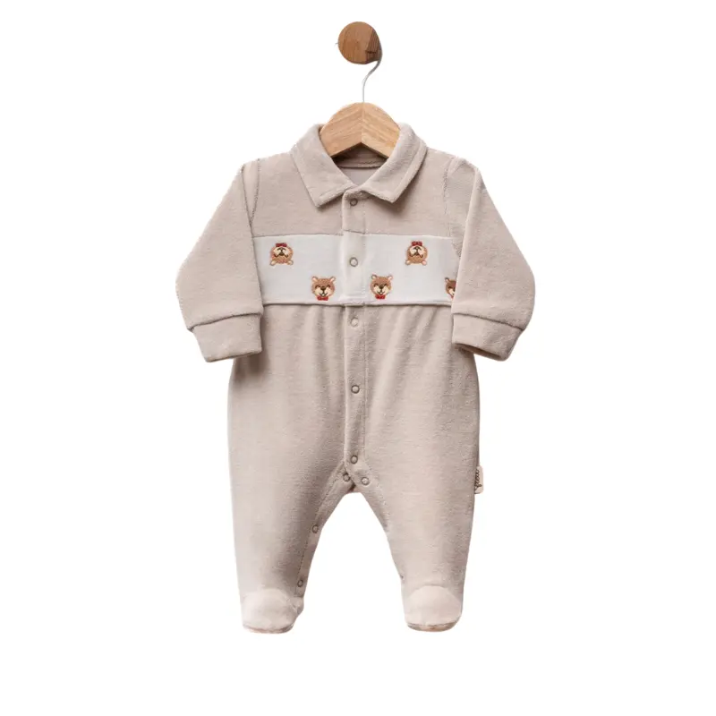 Grenouillère bébé en velours avec oursons brodés