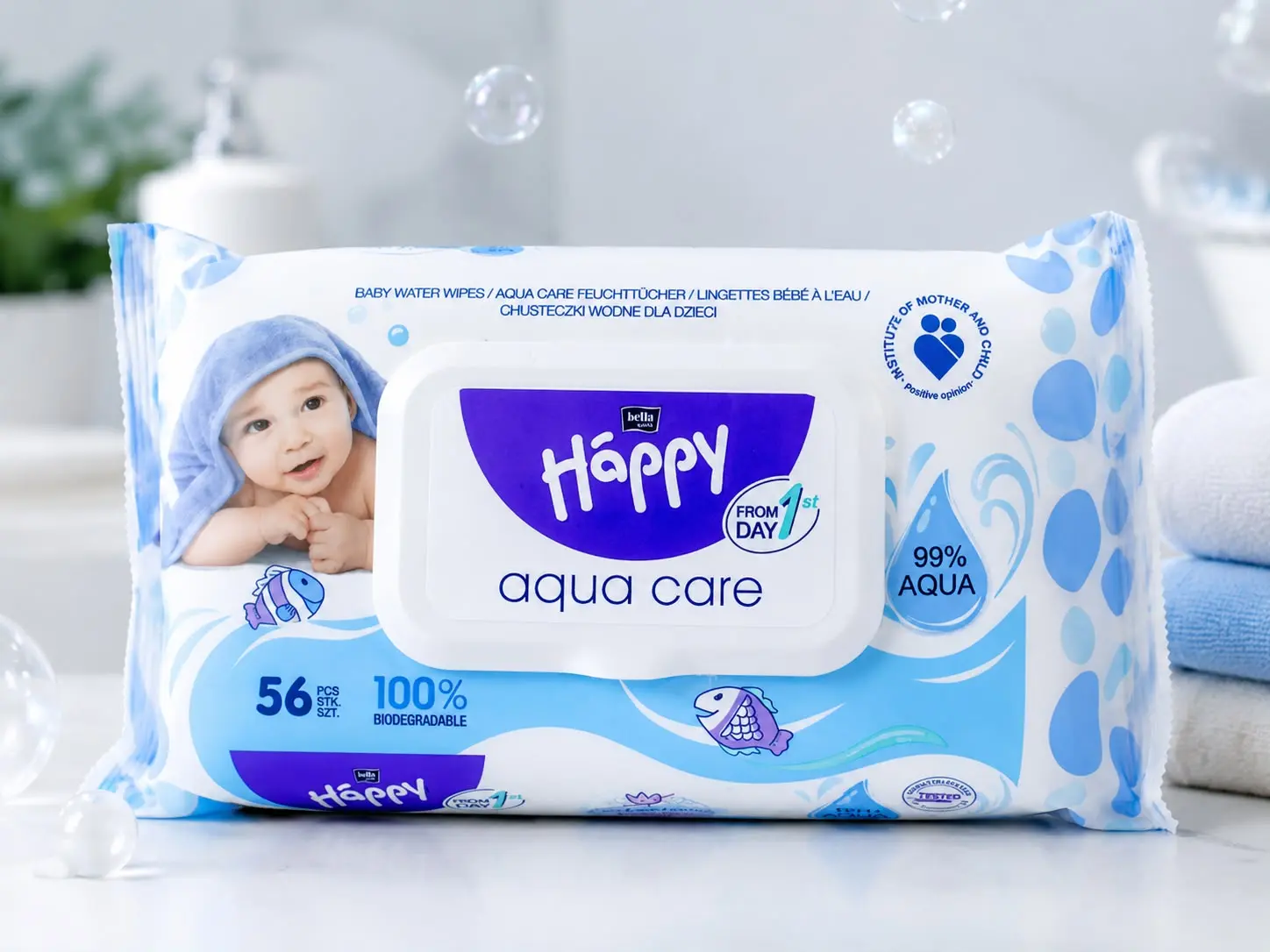 Happy Aqua Care – Lingettes Bébé à l’Eau 99% Biodégradables | 56 Lingettes
