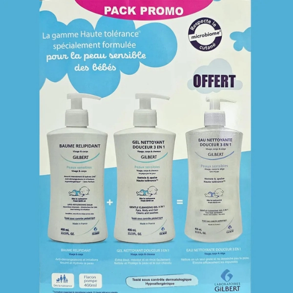 xx Offre  Gilbert Gel Nettoyant - Baume Relipidant 400ml = Eau Nettoyante 400ml