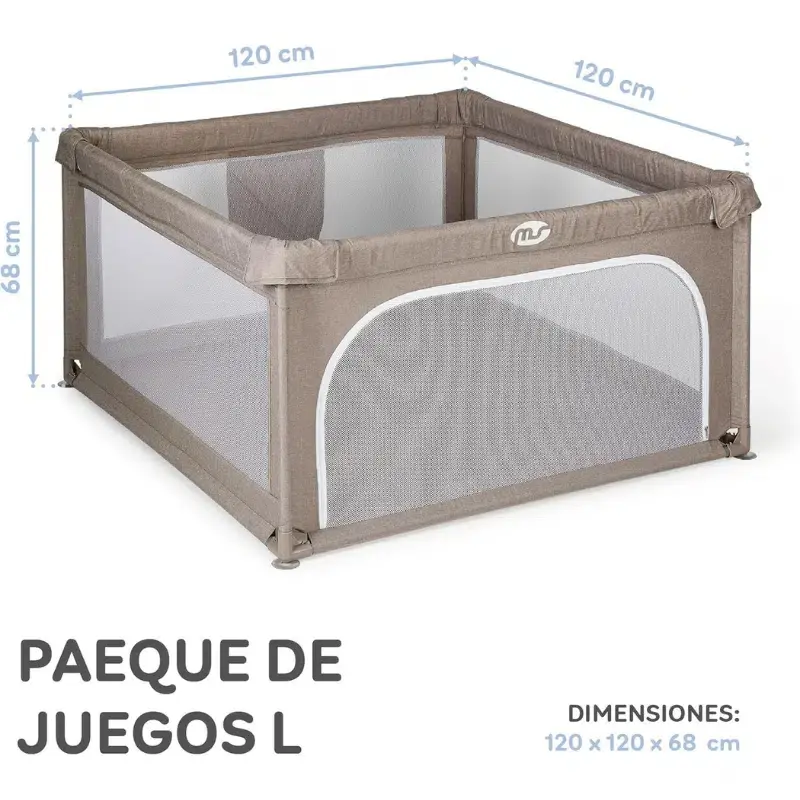 Parc de jeux bébé L 120x120 cm Beige Pliable avec Chatière et Fenêtre en Filet