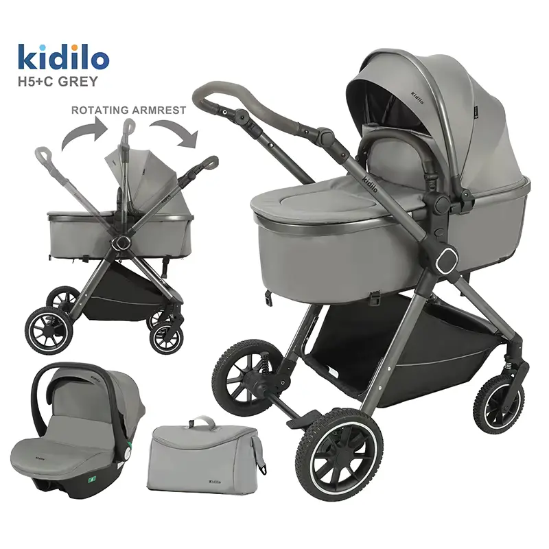 xx Poussette pour bébé Kidilo 3 en 1 avec siège auto – Gris