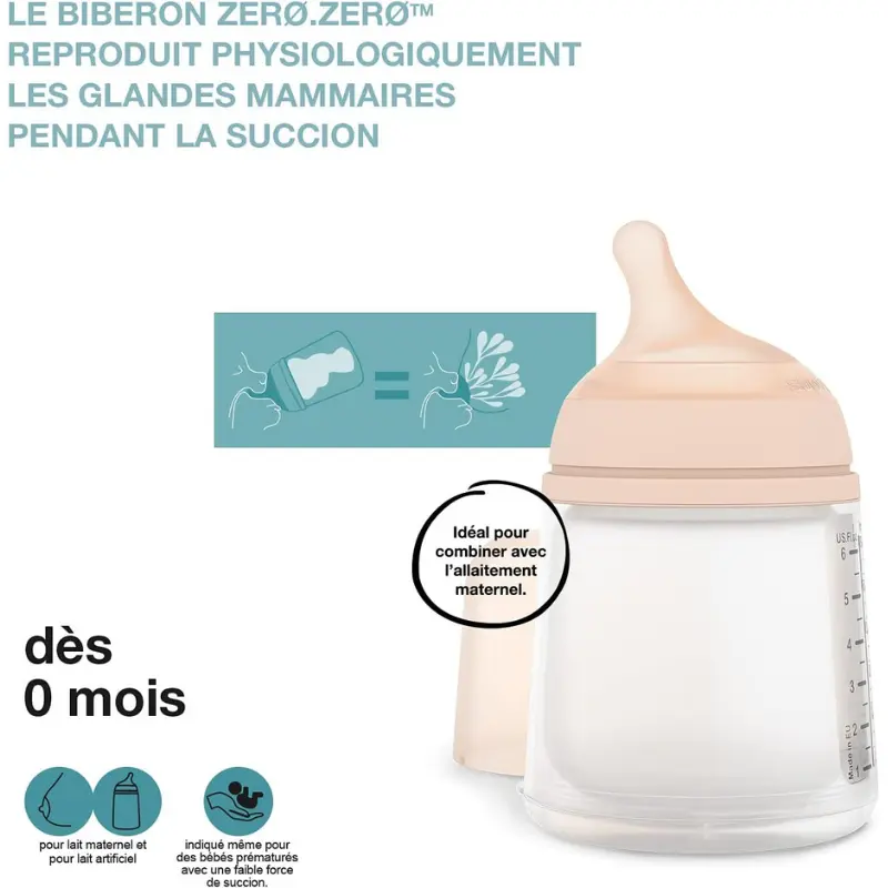 Suavinex, Biberon anti-colique Zero Zero avec tétine à débit lent (S)
