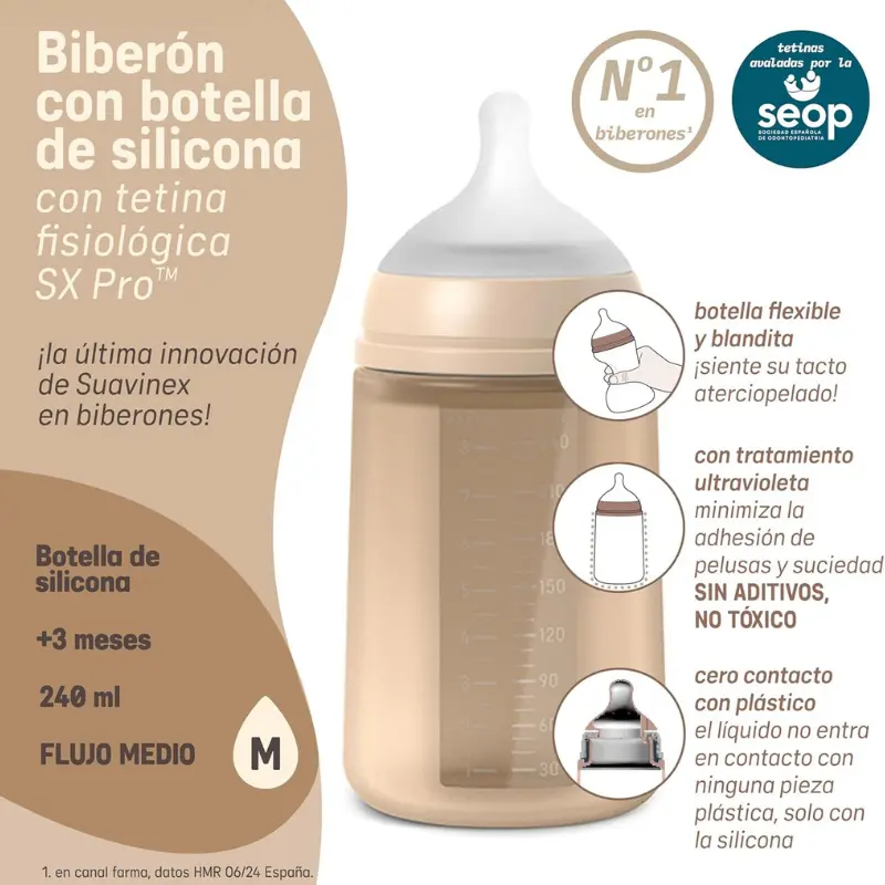 Suavinex Biberon Silicone Colour Essence Bleu Débit moyen 240 ml