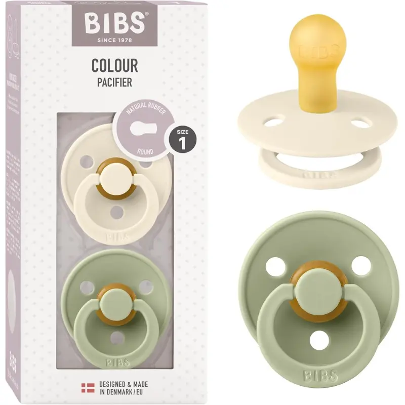 xx Sucette Bibs Color Lot de 2 – Ronde, Latex Naturel, Sans BPA – Ivoire & Sauge