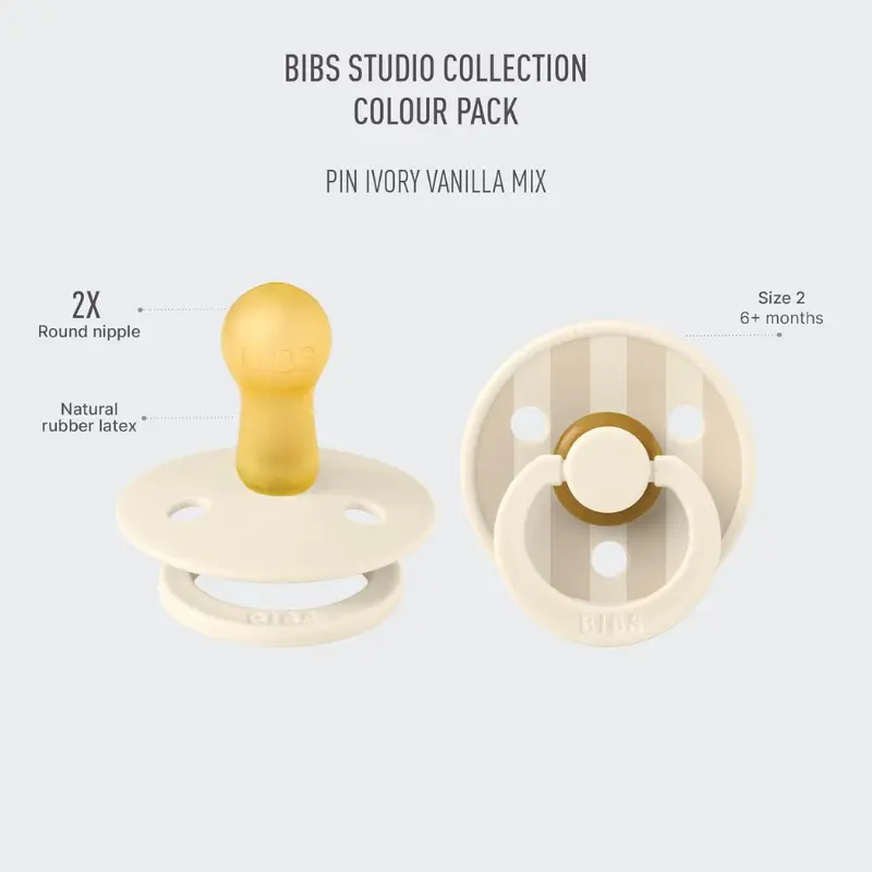 Sucette Bibs Colour Studio Lot de 2 – Ronde, Latex Naturel, Sans BPA – Ivoire, Vanille - Pin