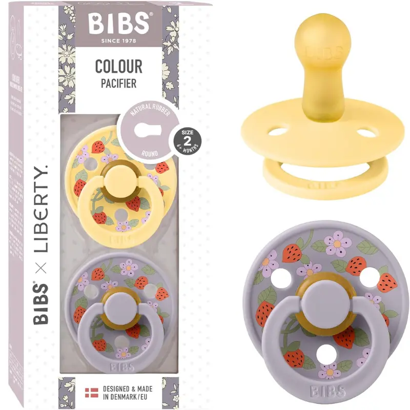 xx Sucettes BIBS Colour Liberty – Lot de 2, Tétine ronde en latex naturel, sans BPA – Fraises - Crème - Beurre clair