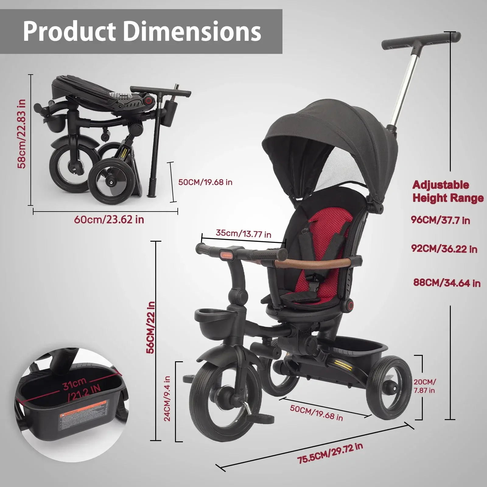 Tricycle pliable 7 en 1 pour enfants de 6 mois à 5 ans Noir