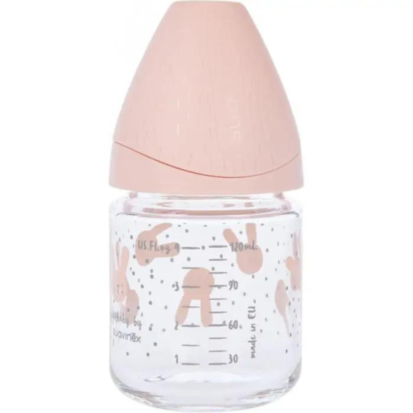 Suavinex Biberon Verre Tetine Ronde Débit Lent Lapin Rose 120 ml