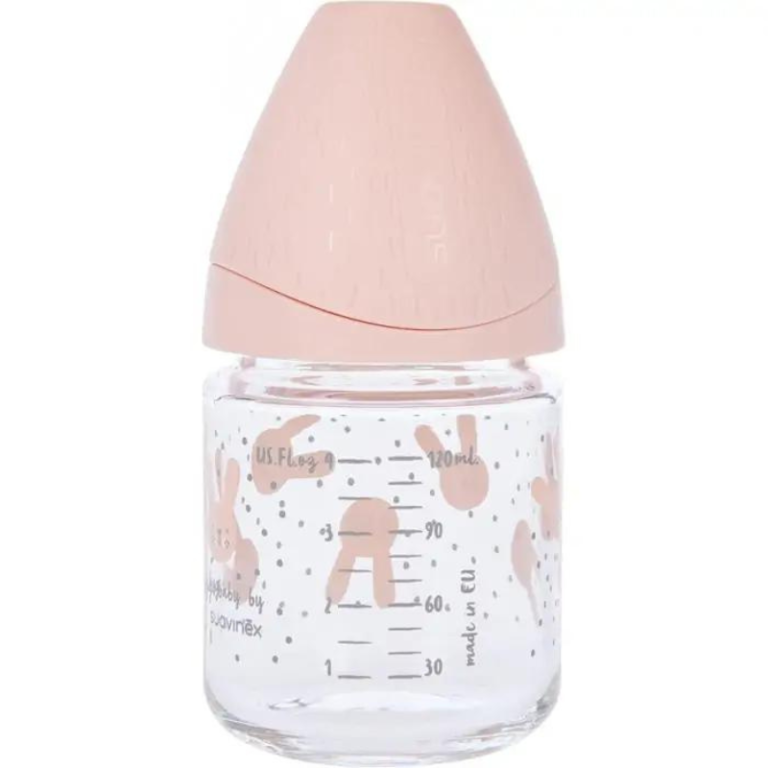 Suavinex Biberon Verre Tetine Ronde Débit Lent Lapin Rose 120 ml